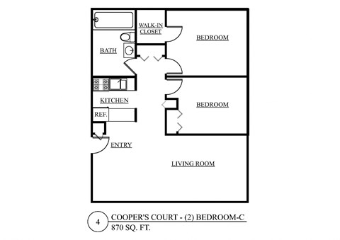 Floor plan for 2 beds, 1 bath, 870 sqft